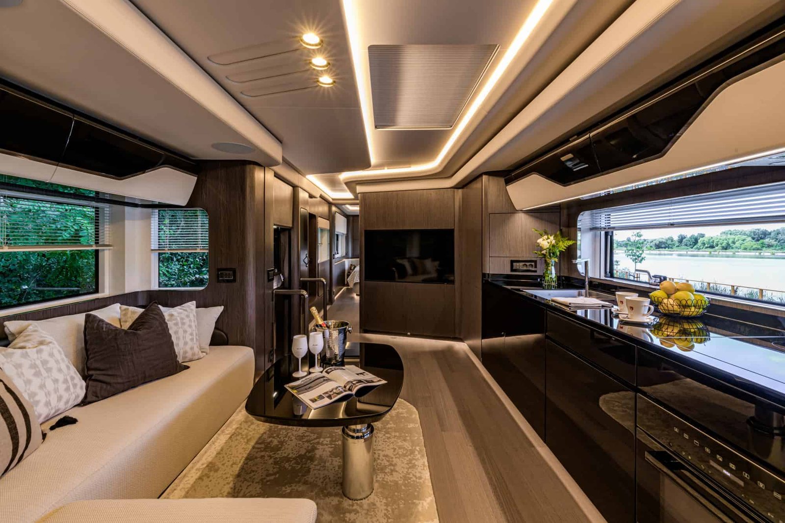 The high-end interior of a luxury motor home designed for land yachting.