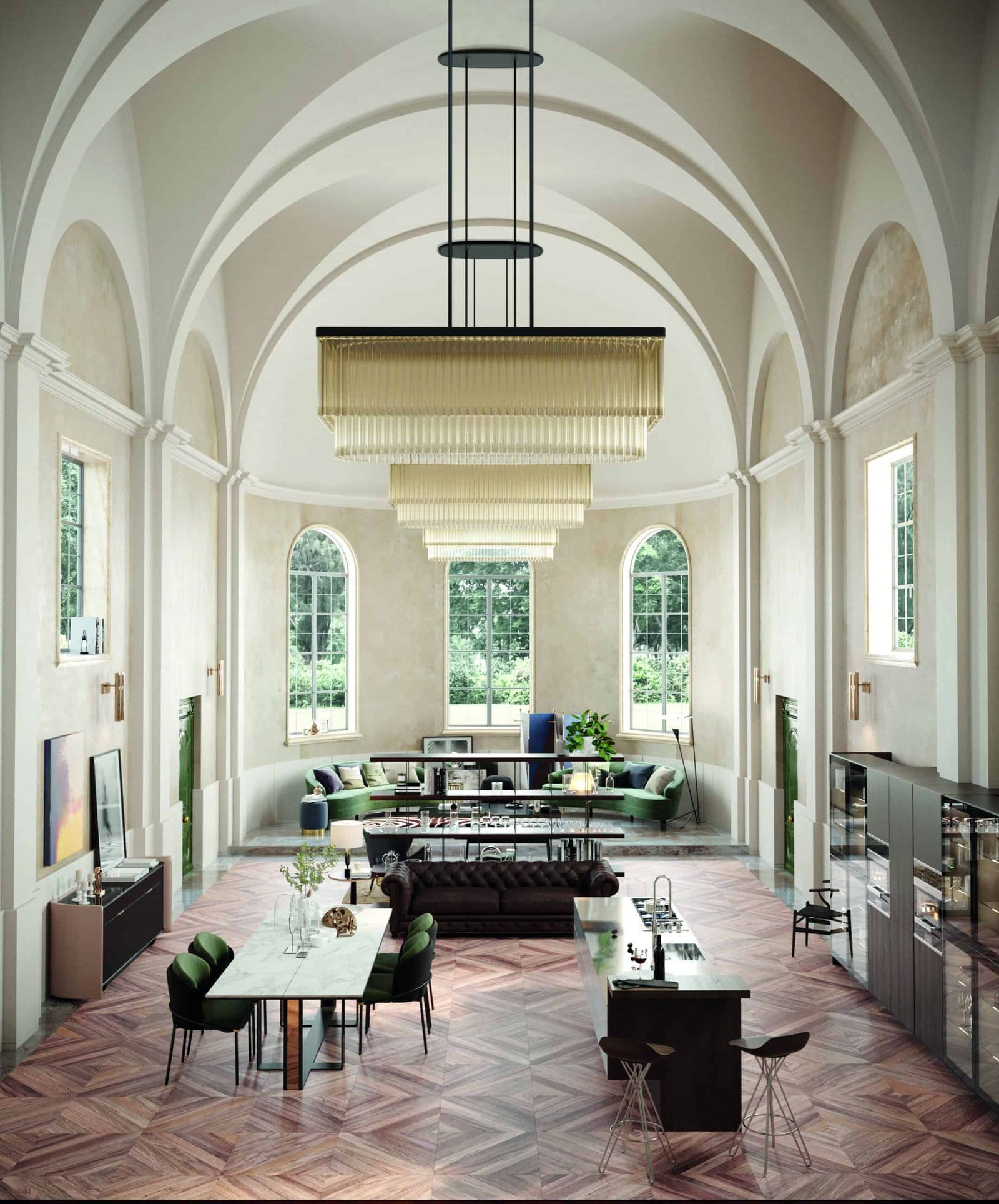 A dining room with a flawless arched ceiling and flooring.