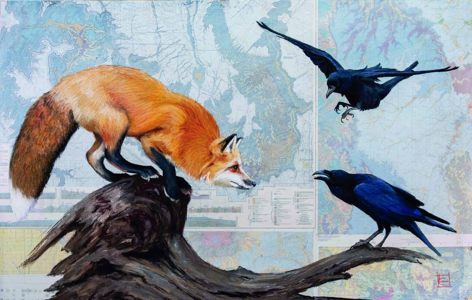 A wild painting featuring a fox, crow, and map prominently displayed.