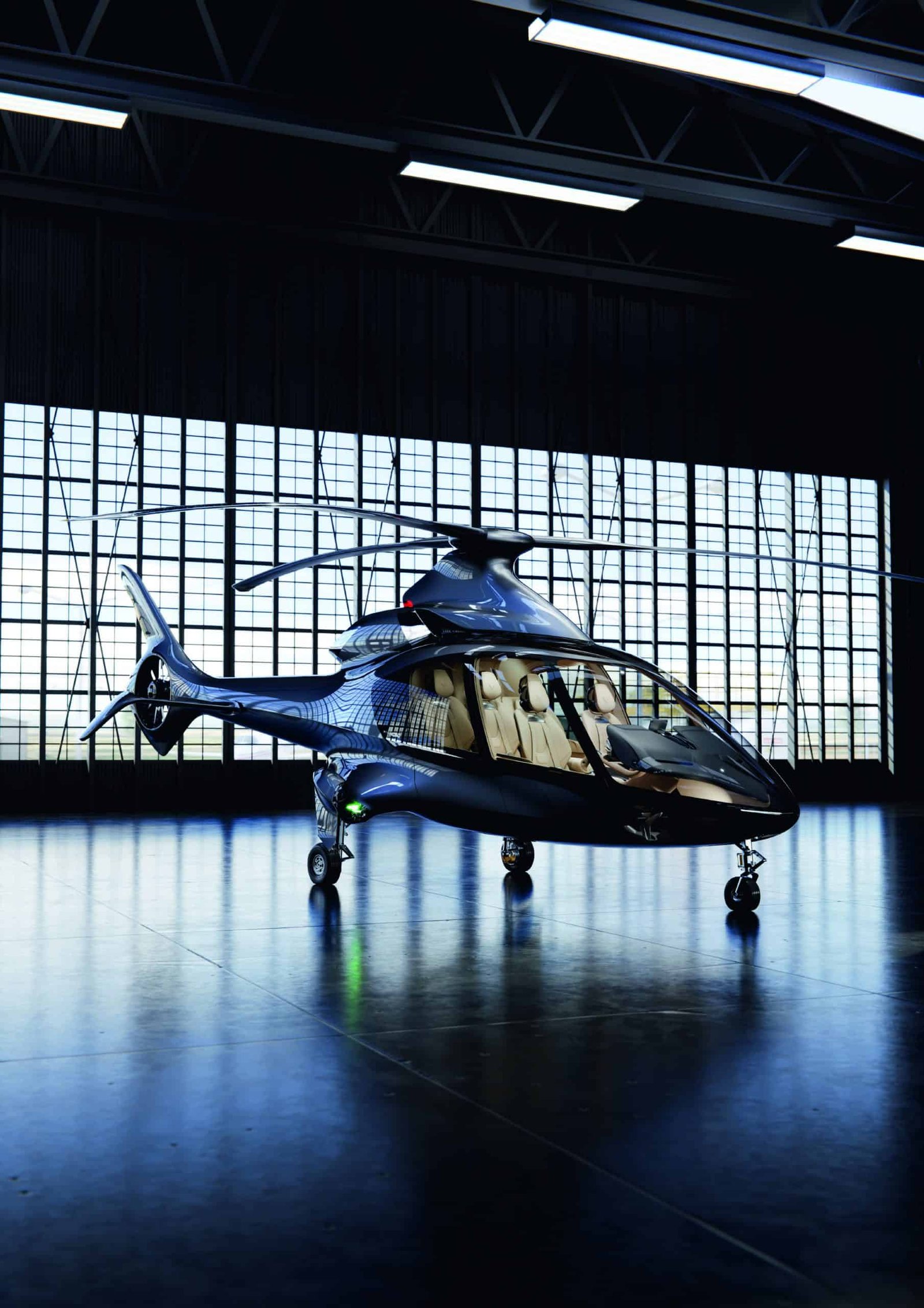 A helicopter parked in a hangar under the blue sky.