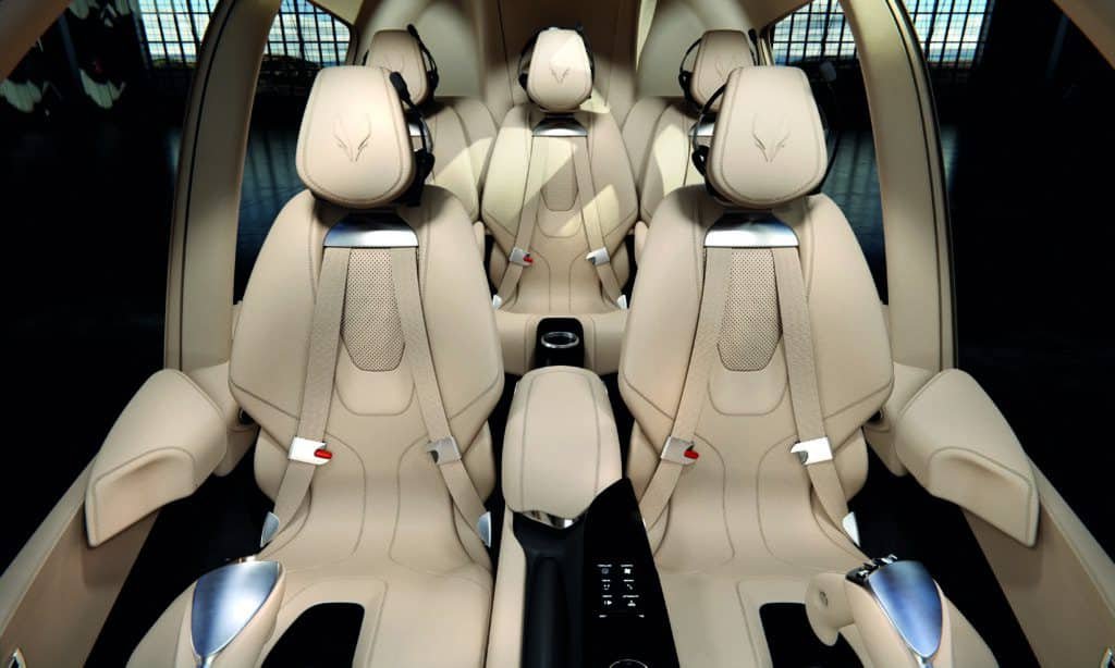 The interior of a futuristic car, designed with blue-sky thinking in mind.
