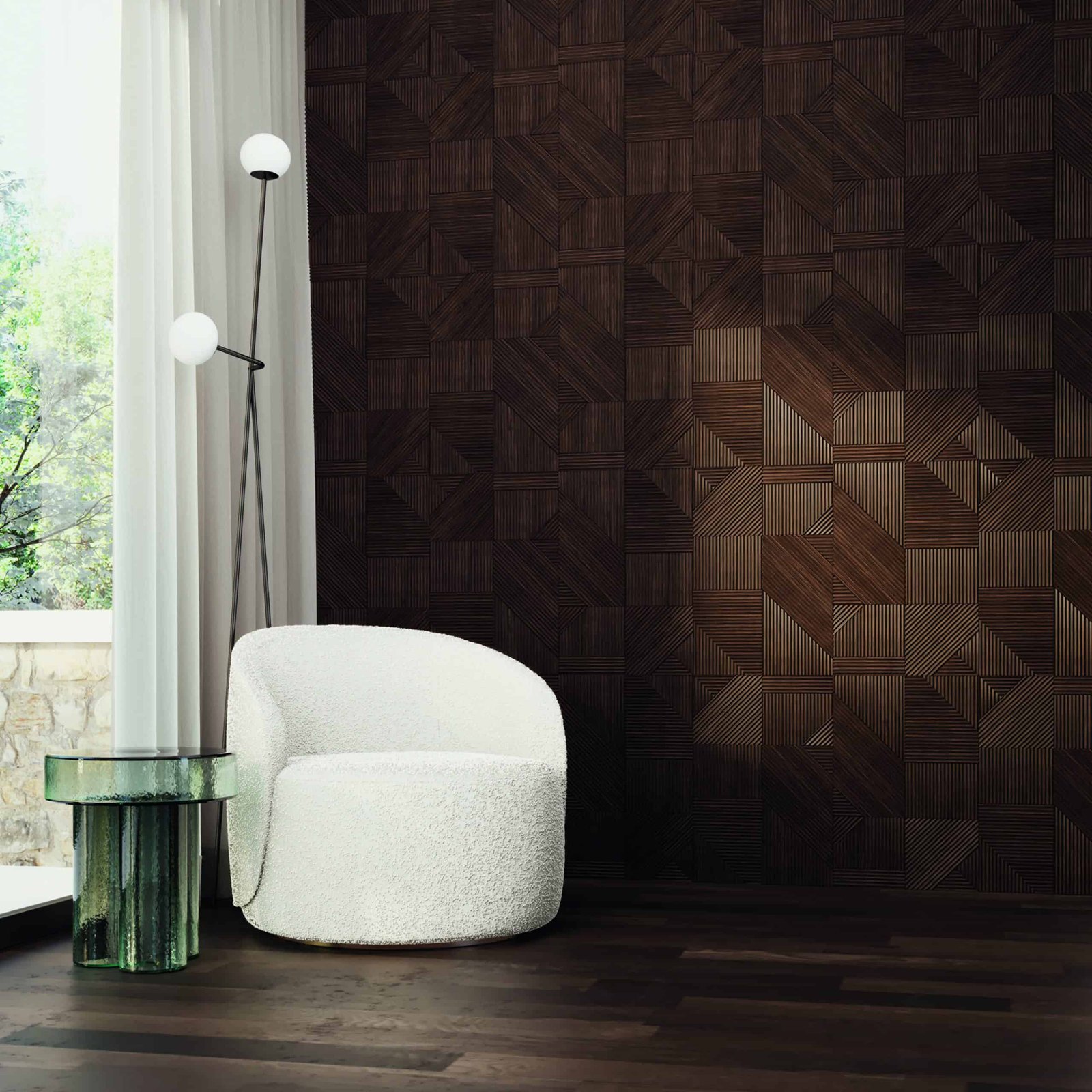 A room with flawless wooden wall and a white chair.