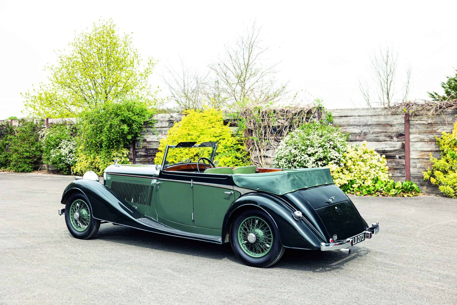 The best vintage car is parked in front of lush green bushes.