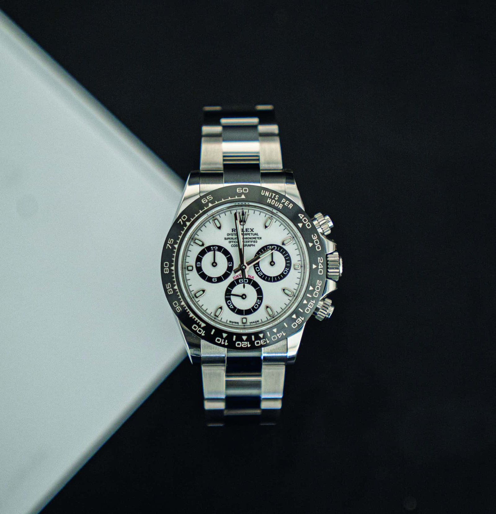 A Rolex Daytona watch arrives at the table, marking the cometh of its timeless hour.