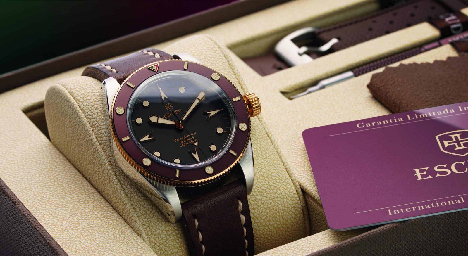 A testament to time, a watch is nestled within a box next to a card.