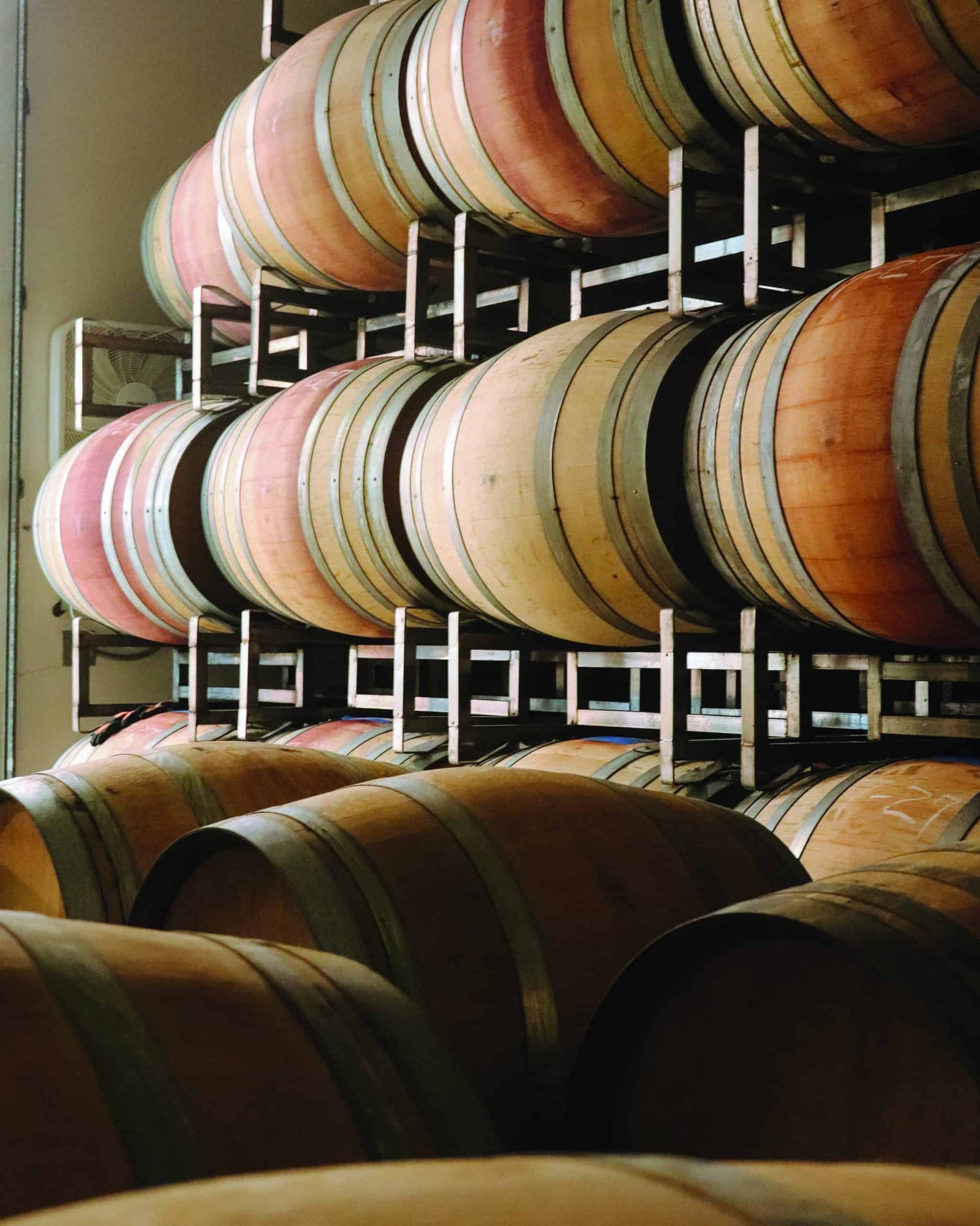 Many wine barrels are lined up in a cellar, showcasing the dynamic forces that work to enhance their aging process.