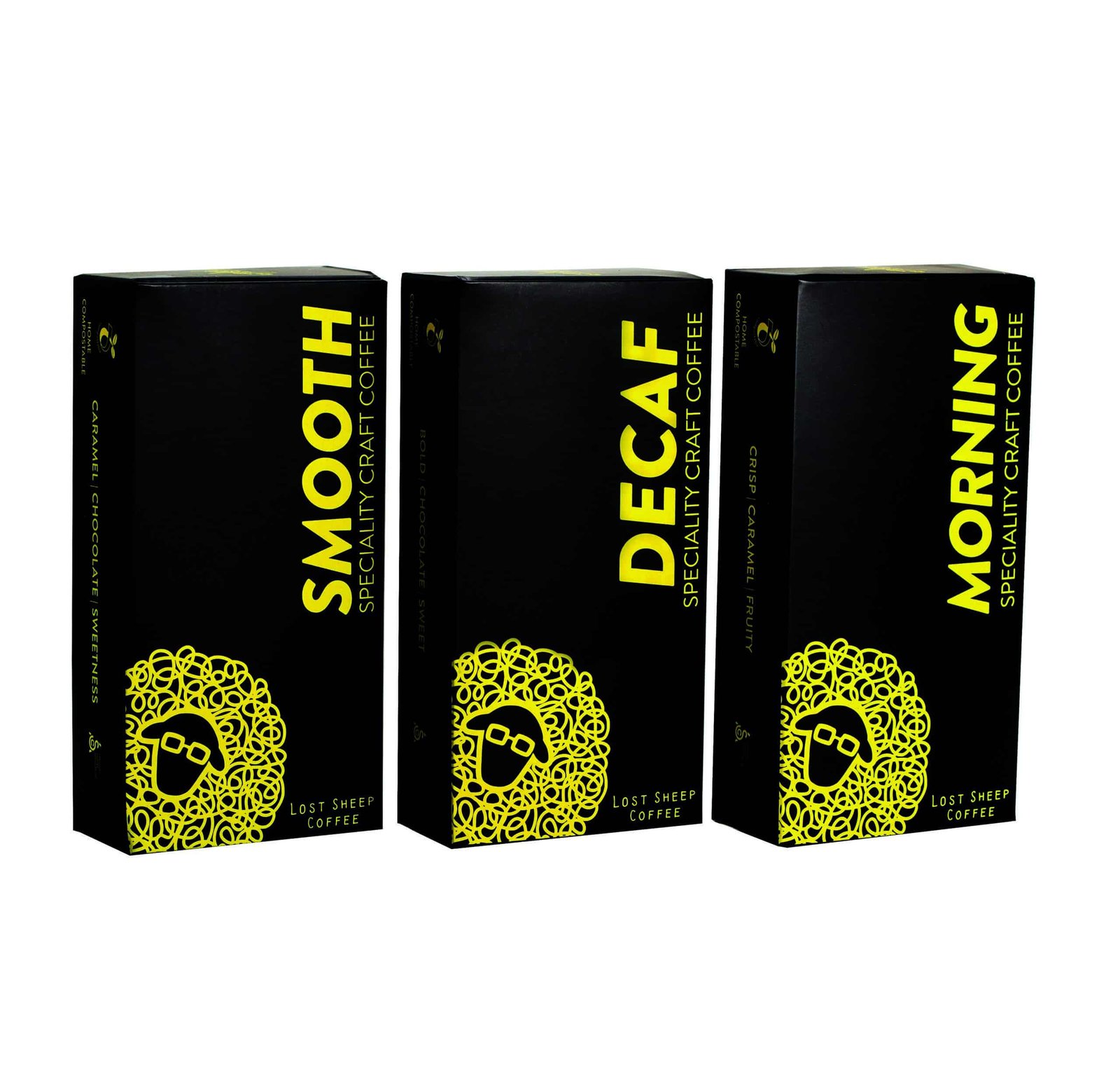 Three boxes of decaf coffee on a white background.
